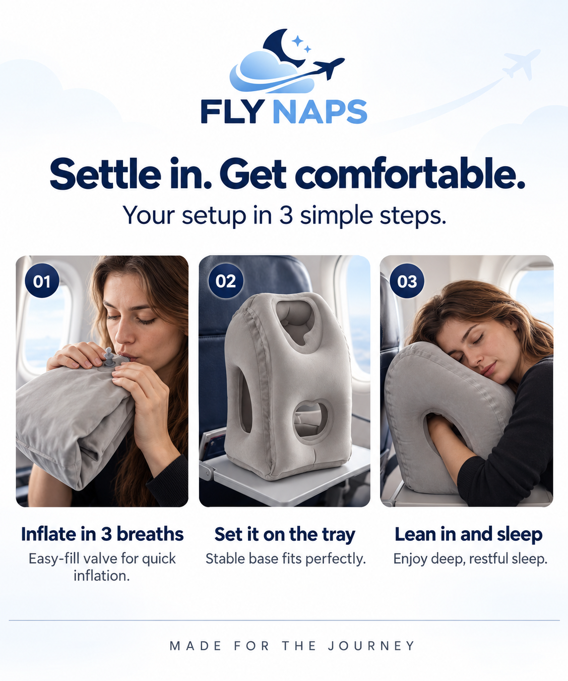 Fly Naps setup in 3 simple steps: inflate, set on the tray, lean in and sleep